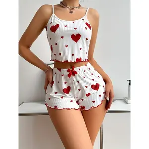 SYHAN 2026 Latest Women'S Sexy Two-Piece Pajama Set - Sleeveless Camisole & Shorts with Heart Print, Red & Striped Loungewear, Casual Spring/Summer/Fall Wear, Round Neck, Bow Detail, Comfortable Sleepwear, Comfortable Sleepwear