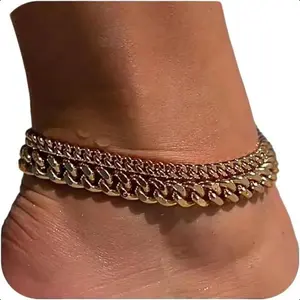 2026 New Fashion Dress Thick Cuban Chain Women's Waterproof Adjustable Length 8.5+2 inches Unique Layered Ankle Jewelry Valentine's Day Gift