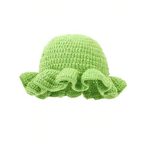 Solid Color Hand Knitted Knit Hat in Bohemian Style with Hollowed Out and Ruffled Design Bucket Shaped Hat  Fisherman's Hat