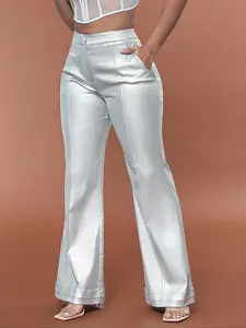 Women's Metallic Fabric Pocket Flare Leg Pants, Fitted Party High Waist Trousers For Nightclub Music Festival, Ladies' Bottoms For Spring & Fall, Slim