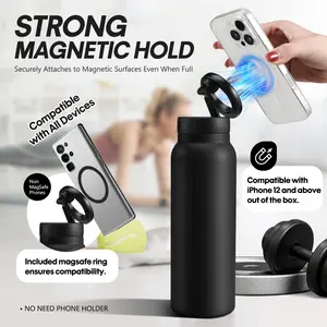Insulated Magnetic Water Bottle - Reusable Stainless Steel Bottle with MagSafe Compatible Phone Holder - Keeps Cold/Hot for 12 Hours - Perfect for Gym, Sports, and Travel - Black 24oz