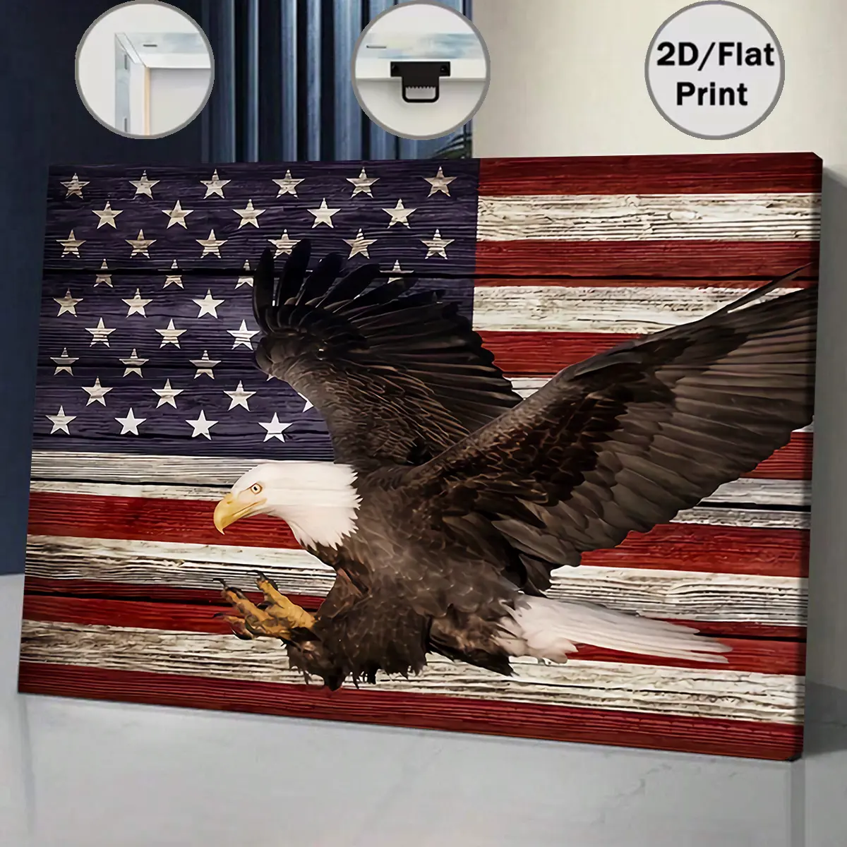 Lightweight Patriotic Bald Eagle Canvas Wall Art, 2D HD Print with U.S. Flag, Framed/Unframed American Pride Poster, Rustic Wood Effect Home Decor for Holiday Decoration