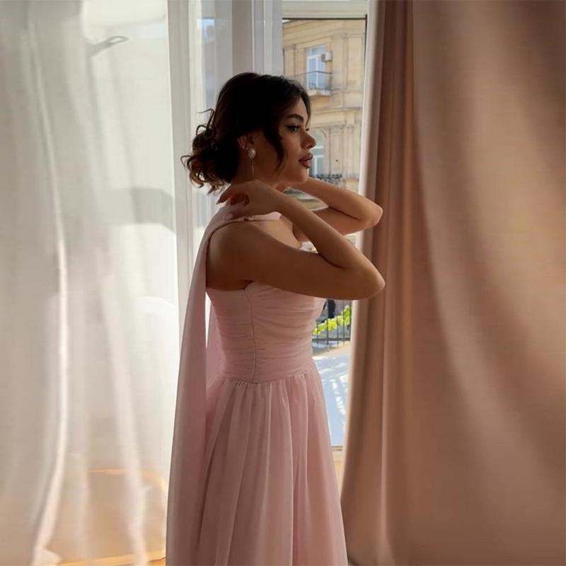 Long Tulle Dress in Pastel Pink with Chest Pleats and Lace-up Back