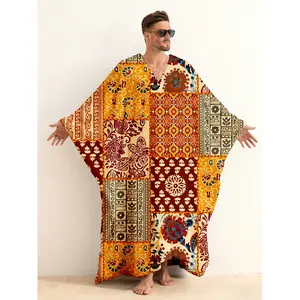 Bohemian Flannel Men's V-Neck Long Robe Kaftan, Plaid Print Open Front Loungewear with Pockets, Soft Brushed Cotton Long Sleeve Hoodless Bathrobe for Yoga Meditation Home Relaxation, Gift for Him