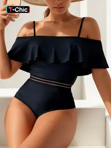 Women's Plain Cold Shoulder One-piece Swimsuit, Adjustable Strap Contrast Mesh Swimwear for Beach Holiday Vacation, Ladies Swimsuit for All Seasons, Ruffle Bathing Suit