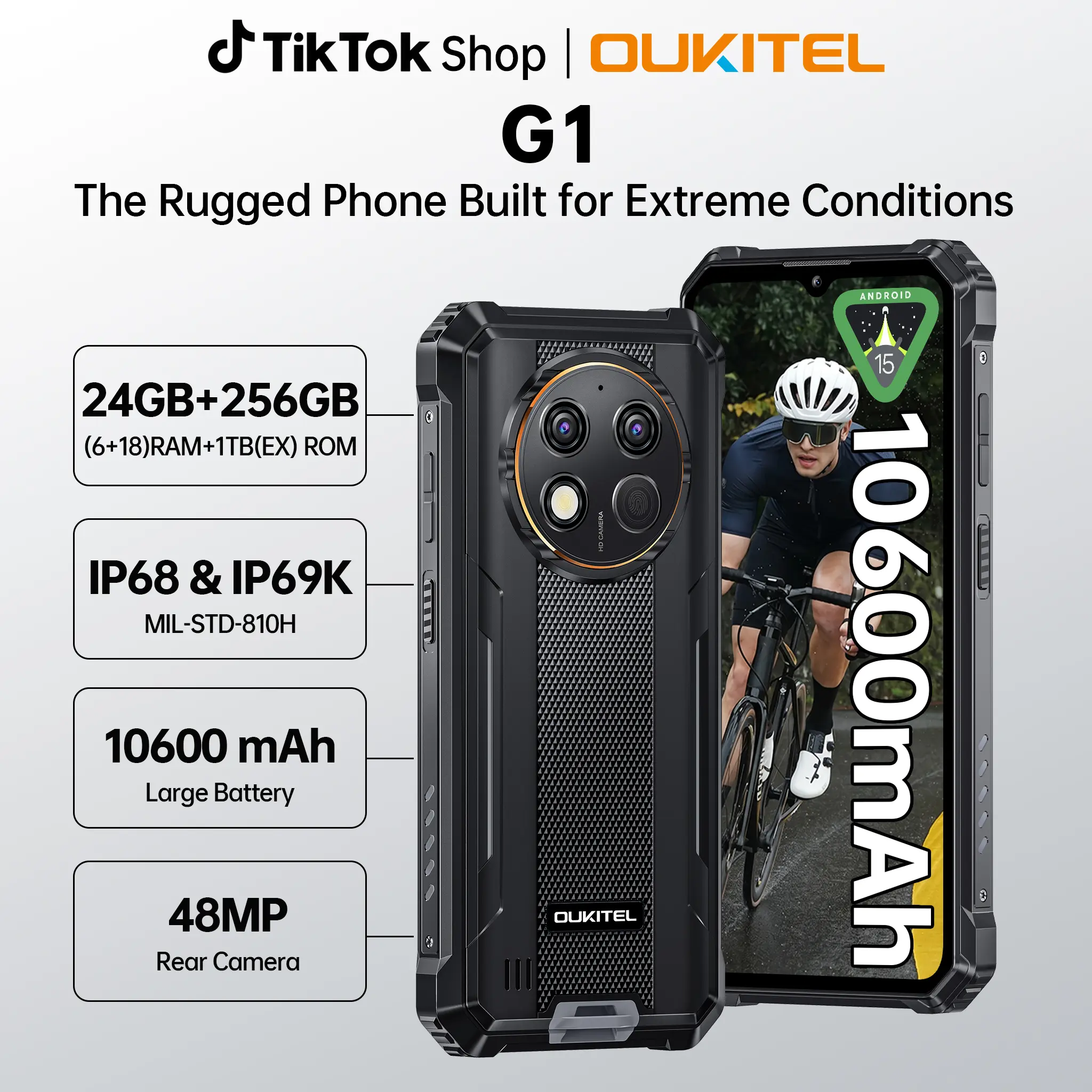 OUKITEL G1 Rugged Smartphone Unlocked, 24GB RAM + 256GB ROM (1TB