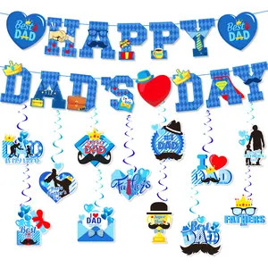 Father's Day Party Decorations Set HAPPY DAD'S DAY Banner with 12 Double-Sided Hanging Cards and 12 Swirl Hanging Decorations Best Dad Party Supplies Family Celebration Photo Booth Decor