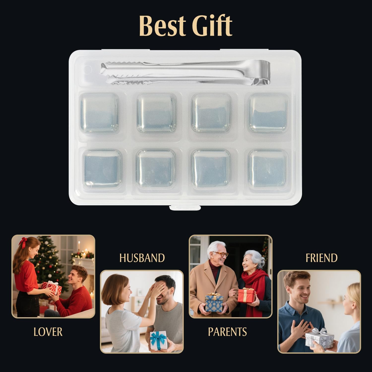 Whiskey Stones Set, 8 Packs Stainless Steel Whiskey Chilling Rocks, Reusable Ice Cube for Drinking, Cool Birthday Gift for Men Dad, Boyfriend, Beer Lover, Bourbon, Scotch, Gin, Beverage, New Year