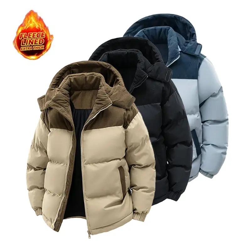 Unisex casual fleece-lined loose winter jacket with detachable hood; warm color-block cotton jacket; couples’ winter cotton apparel; windproof and cold-resistant; couples’ warm color-block cotton jacket; vintage-style outerwear in khaki, black, and blue.