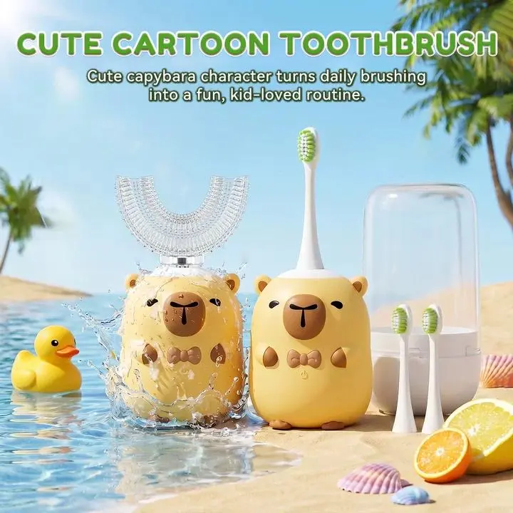 YEKLIKE Kids U-Shaped Ultrasonic Electric Toothbrush - Teeth Cleaner, Rechargeable Electronic Toothbrushes with Smart Timer for Ages 2-6 (Yellow), Cordless Toothbrushes