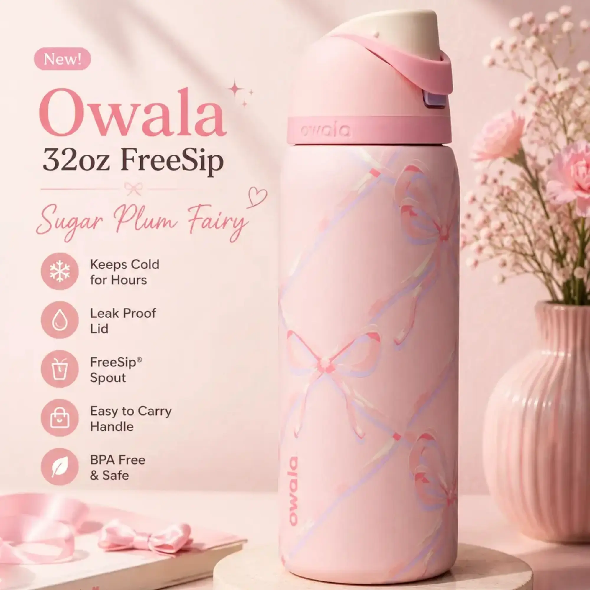 Owala Sugar Plum Fairy 32 Oz FreeSip Water Bottle Pink Bow Owala Sugar Plum Fairy 32 Oz FreeSip Water Bottle Pink Bow