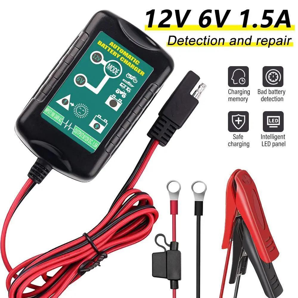 【DealsForYou】6V 12V Car Battery Charger, 1.5A Smart Fully Automatic Battery Charger Maintainer,Float Charger for auto car Motorcycle Lawn Mower Boat Snowmobile Trickle Charger for Car, Lawn Mower, Motorcycle, Boat, Marine