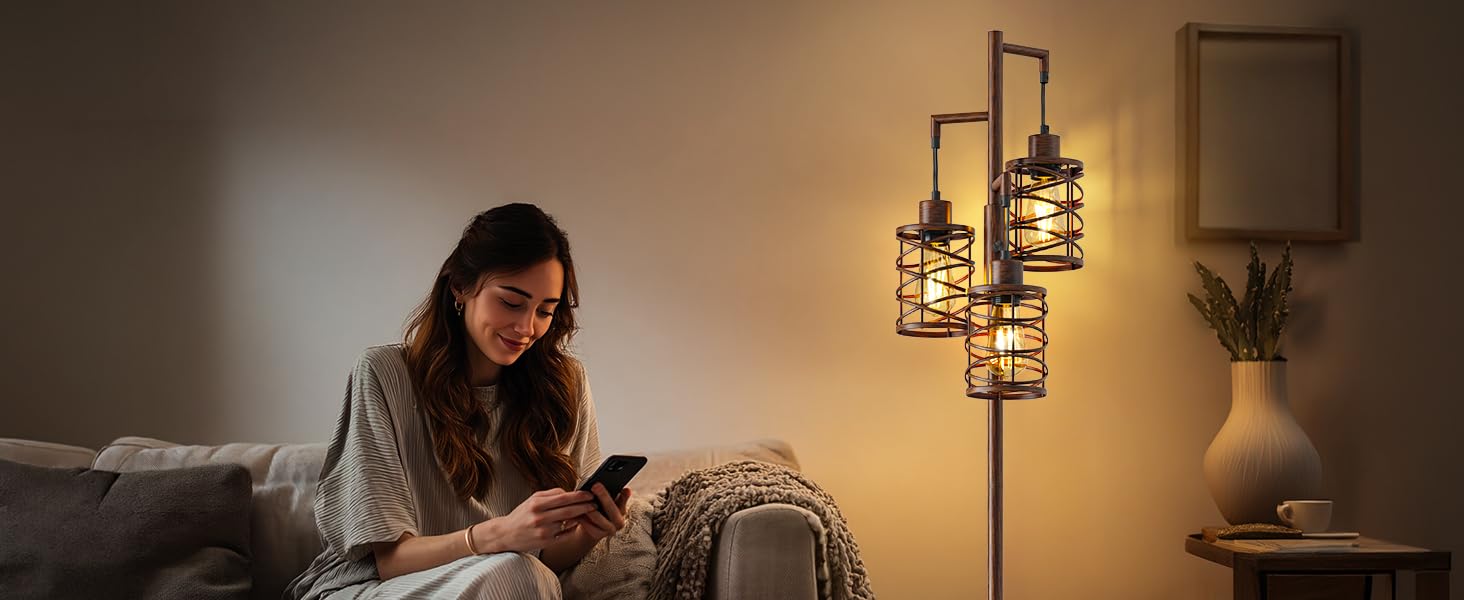 70" Farmhouse Dimmable Floor Lamp, Walnut Brown Industrial Metal Cage Standing Lamp with 3 LED Bulbs, Stepless Dimming Tall Tree Lamp for Living Room, Bedroom, Office, Corner 70" Farmhouse Dimmable Floor Lamp, Walnut Brown Industrial Metal Cage Standing Lamp with 3 LED Bulbs, Stepless Dimming Tall Tree Lamp for Living Room, Bedroom, Office, Corner
