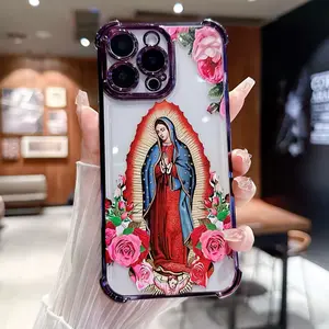 Virgin Mary flower pattern mobile phone case, four-corner anti-fall mobile phone case, suitable for iPhone11, 12, 13, 14, 15, 16, 17promax, sturdy mobile phone case tpu smartphone protective cover, Virgin Mary case Compatible with Samsung Galaxy S25