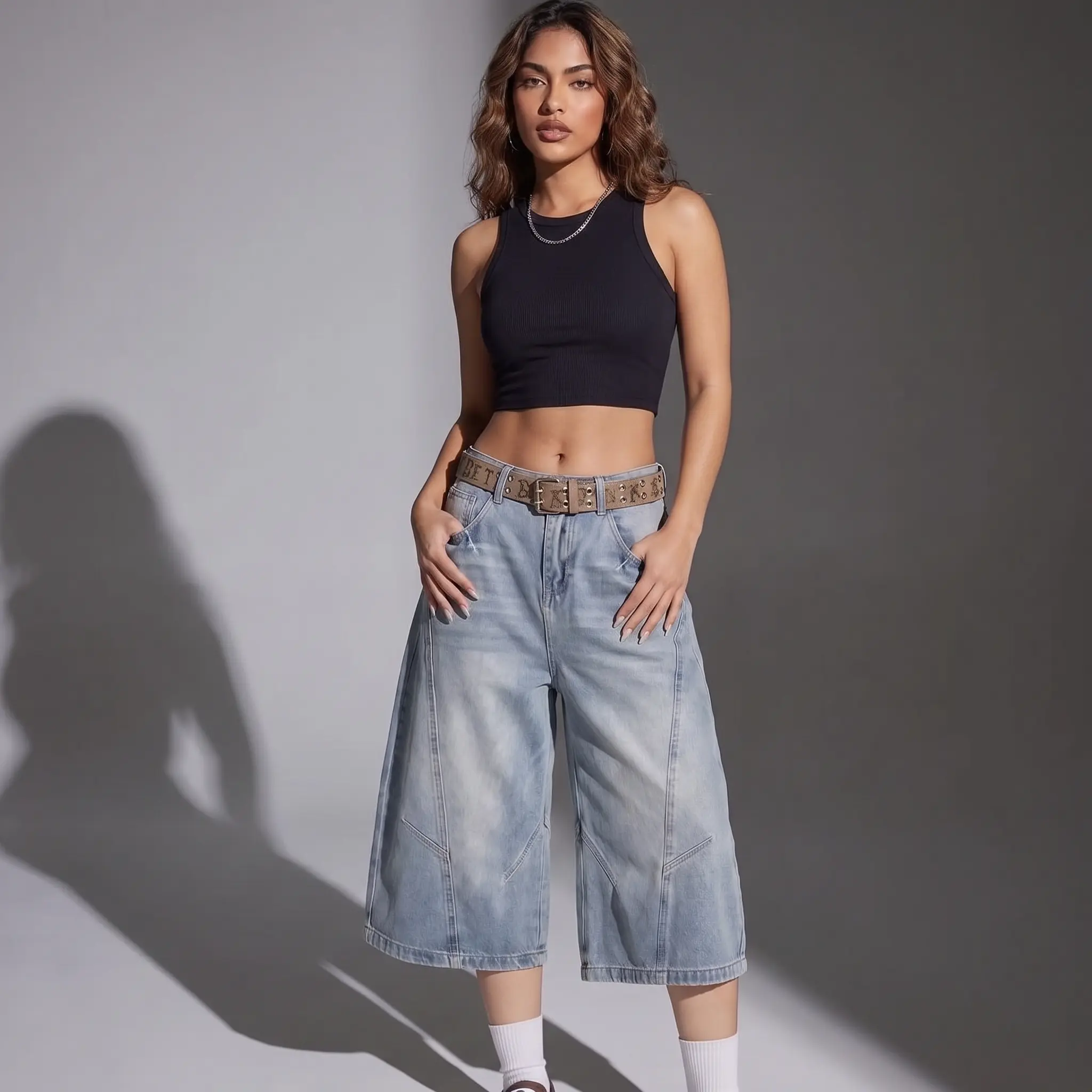KOVA Denim Unisex Baggy Denim Jorts, High Waisted Long Jean Shorts, Wide Leg Knee Length Bermuda Shorts, Y2K Streetwear
