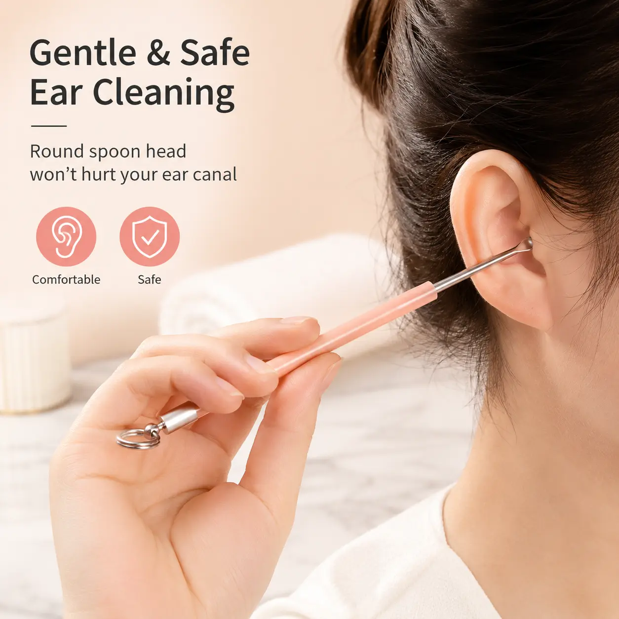 1 Piece Ear Pick, Stainless Steel with Non-slip PVC Handle, Smooth Rounded Tip, Portable Key Ring for Daily Ear Wax Cleaning