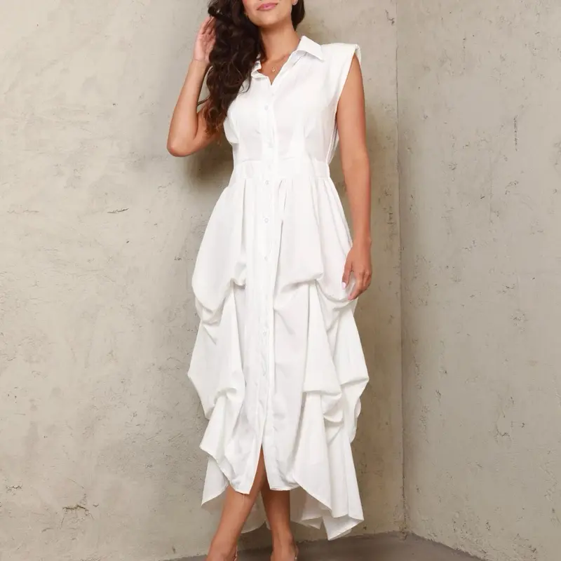 Maxi Dress Karol - White Asymmetrical Ruffle Hem Button-Up Shirt Dress for Women - TikTok Shop Maxi Dress Karol - White Asymmetrical Ruffle Hem Button-Up Shirt Dress for Women - TikTok Shop