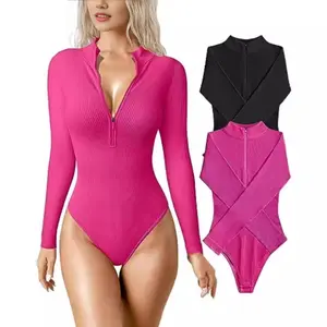 Long Sleeve Bodysuit Sexy Ribbed One-piece Front Zipper Long Sleeve Top Bodysuit