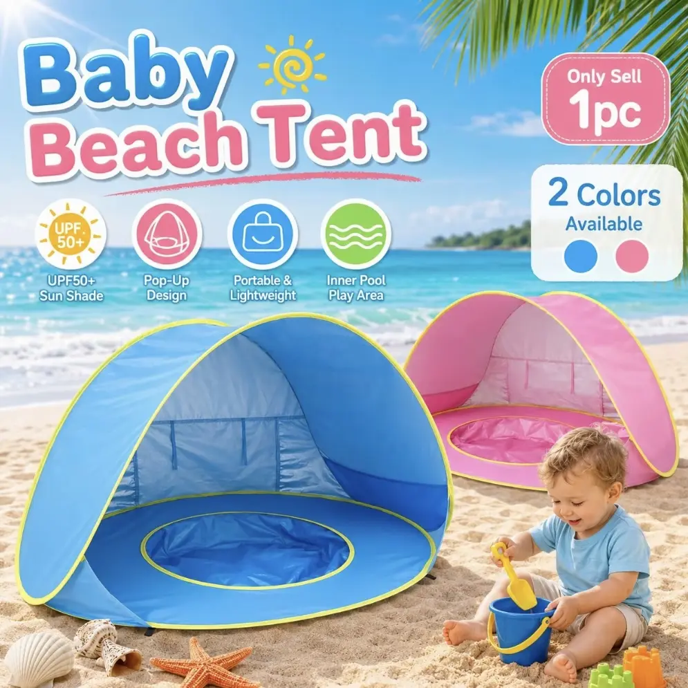 Baby Beach Tent - UPF 50+ Sun Shade Pop Up Tent with Inner Pool Area, Waterproof Fabrics, Durable Shelter for Beach Fun & Backyard Play, Summer Essential Gift for Babies