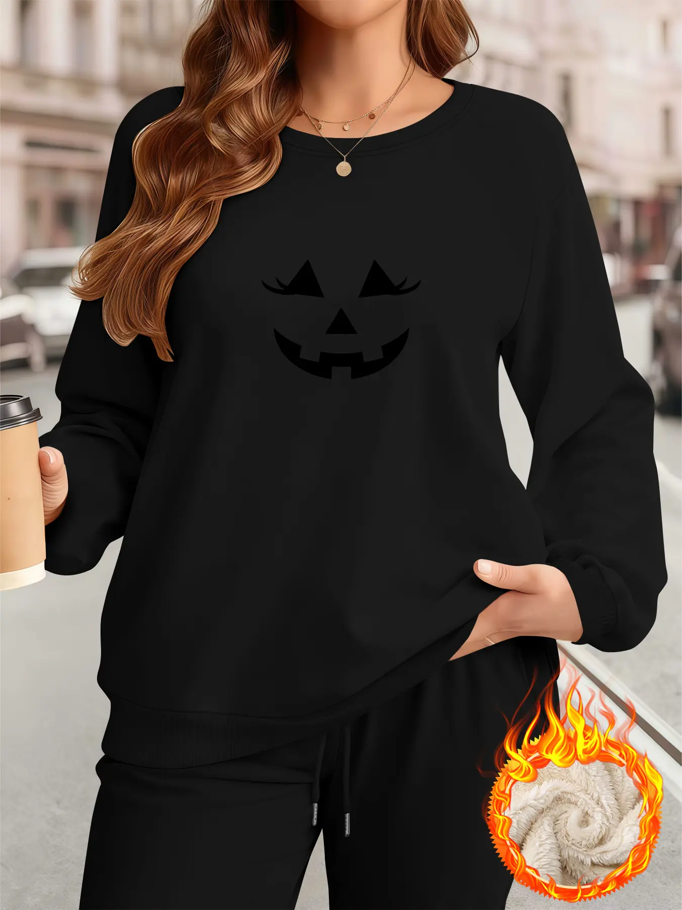 Women's Winter Casual Two-Piece Set, Thick Velvet Lamb Fur Large Size Suit, Halloween Print Round Neck Sweater + Long Pants
