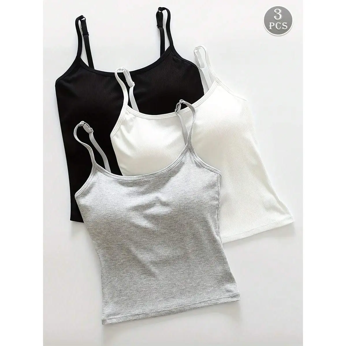 Women's 3 Pack Ribbed Cami Crop Tops, Casual Basic Spaghetti Strap with Built-in Padded Bra, Stretch Viscose Fabric, Birthday, Nightwear, Lady, Fit, Short, Multicolor, Piece