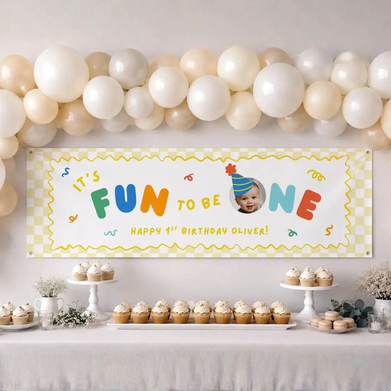 Fun to Be One Birthday Banner with Photo, 1st Bday Backdrop Canva, Colorful Boy Party Decor, Wall Sign Yellow, Primary Colors