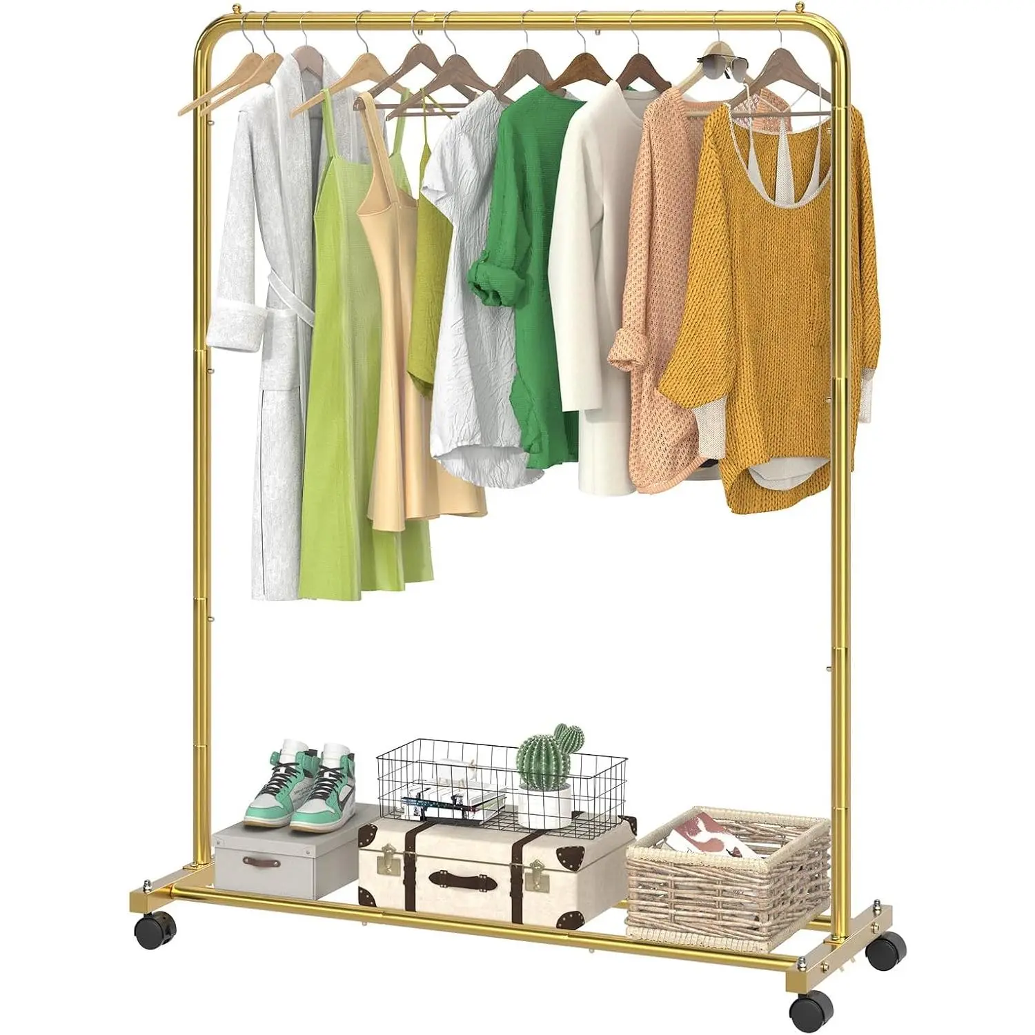 Metal Rectangular Rolling Rack - 3.5 Gold Steel Hanging Clothes Storage Hanger with Lock Wheels, Laundry Accessories Organizer