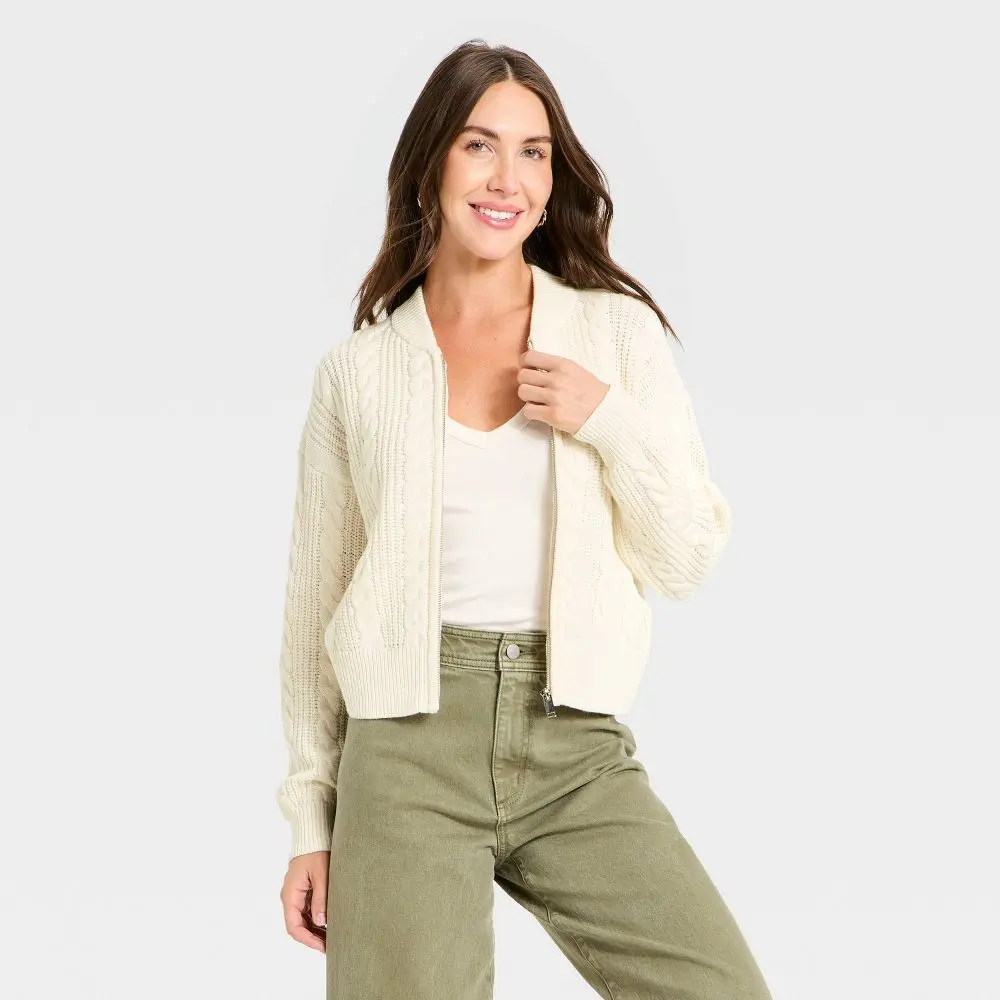 Women's Ribbed Cable-Knit Fabric Full-Zip Fit Jacket, Stylish Women's Coats with Functional Zipper
