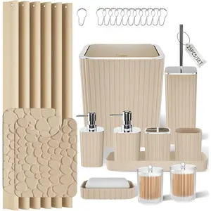 Bathroom Accessories Set - 25-Piece Bathroom Set with Shower Curtain and Carpet Beige Bathroom Set with Trash Can Soap Dispenser Soap Tray Toilet Brush
