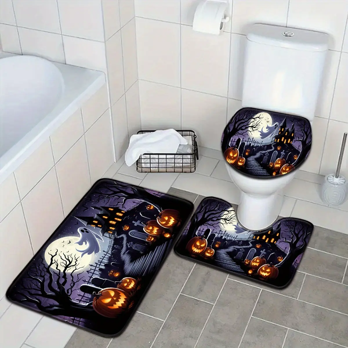 3pcs Halloween Pumpkin Dead Tree Moon Castle Pattern Bathroom Mat Set Toilet Lid Seat Cover U-shaped Foot Pad,piece,shower,floor,Chenille,Rug,waffle,mats,Loofah,rubber,backing,,Diatomium,Mud,Blush,Tufted,Runner,Bath Mat,Memory,Contour,Bath Rug,Ivory,non,