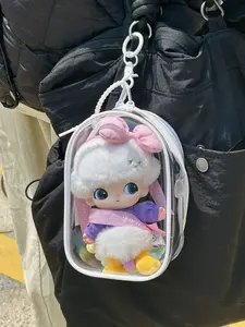 Transparent Storage Box Bag with Keychain, Cute Doll Organizer, Plush Toy Keychain Protector, Metal Key Ring, Ideal for Outdoor Display
