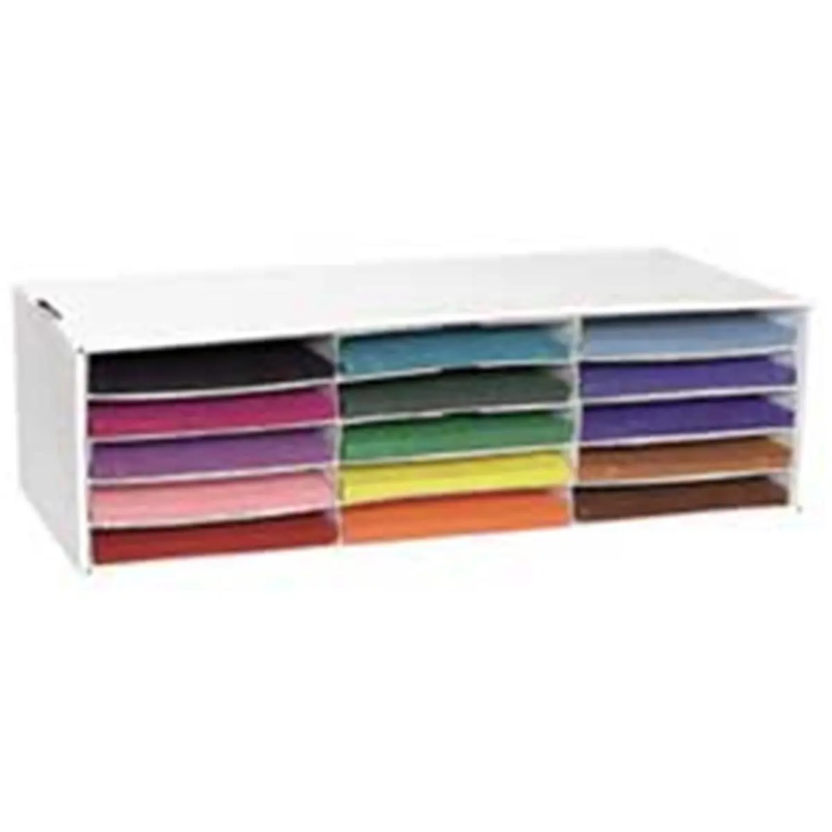 Pacon Corporation Freestanding Tiered Desk Organizer Shelf - 15-Slot Construction Paper Storage Unit, 28.75in x13.50in x8.50in, Fits 9x12 Sheets, Easy to Assemble, for Classroom Office Desk Supplies, Tiered Shelf