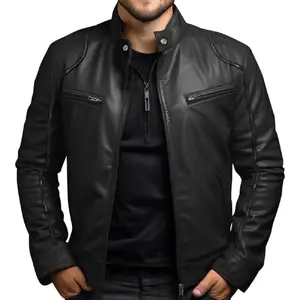 Men's Biker Leather Jacket Stand-up Collar Punk Leather Jacket Men Menswear Coats Casual Tops Long Sleeve Beige Classic Fashion Stylish,Suitable for Autumn and Winter Seasons