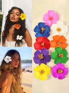 9pcs/4pcs Women's Hibiscus Flower Hair Clip Set, Beach Vacation Bohemian PVC Hair Accessories, Elegant Summer Casual Hairpins