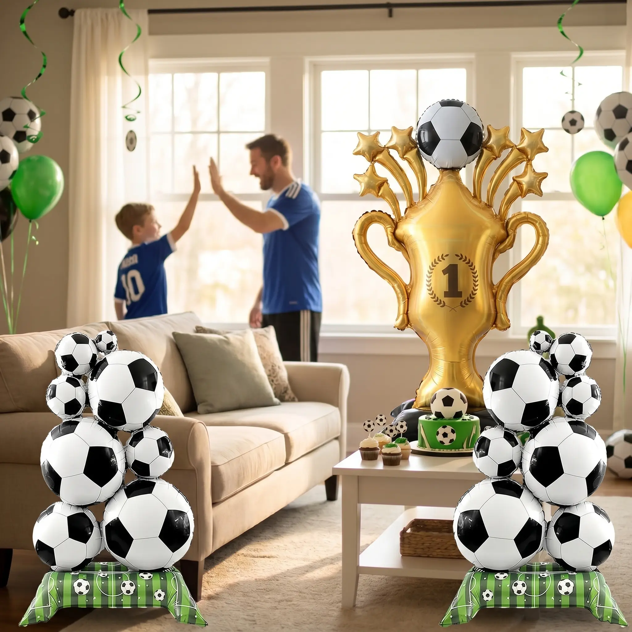 3Pcs 59-Inch Aluminum Foil Self-Sealing Large Standing Soccer Balloons Set - Sports Aluminum Foil Ball, Champion Trophy Centerpiece Table Decor, Balloon Decor for Soccer Party Supplies