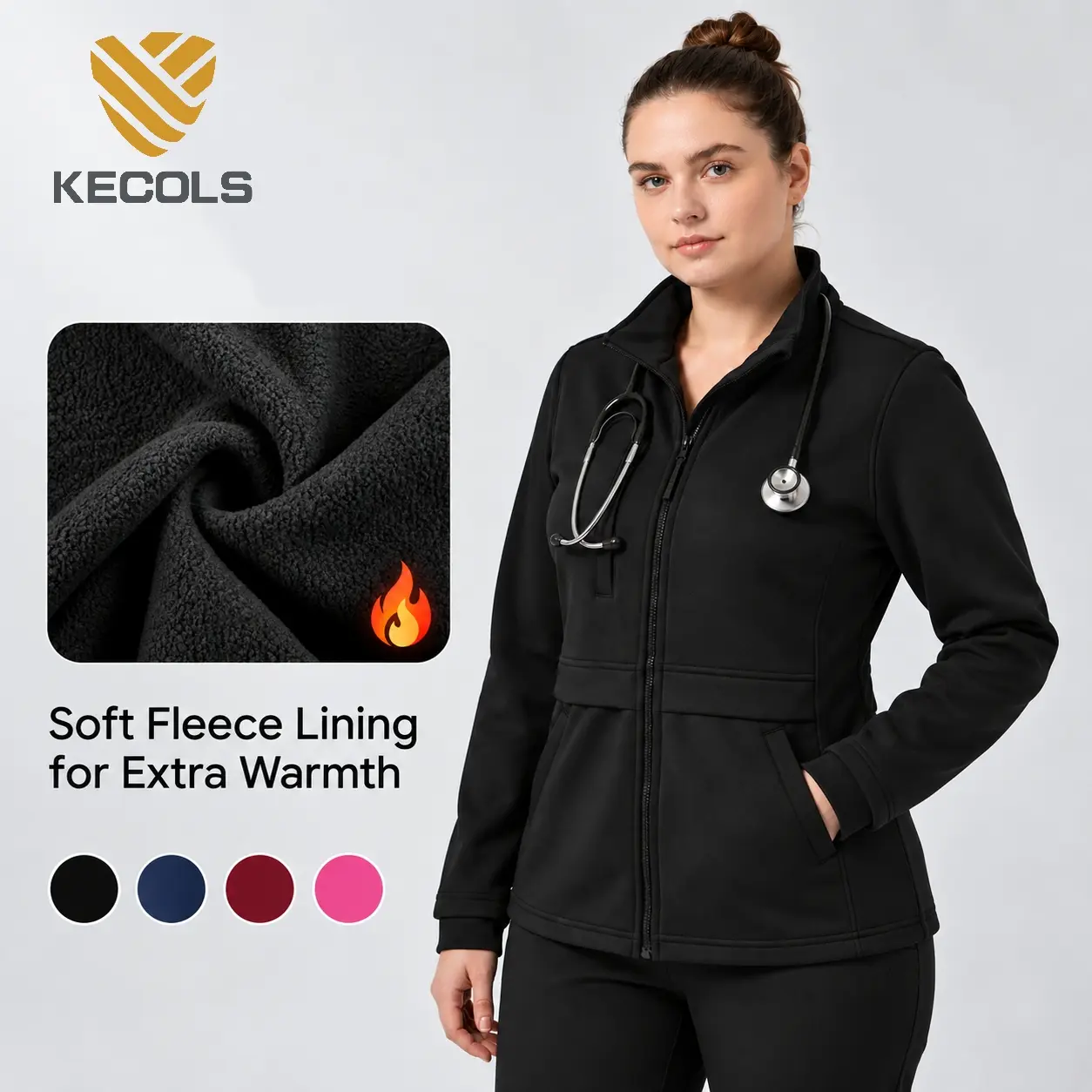 Kecols Scrub Jackets for Women with Zip Front Five Pockets Classic Fit Nursing Jacket Nurse Coat Fleece-Lined Warm-up Jacket Workwear Casual