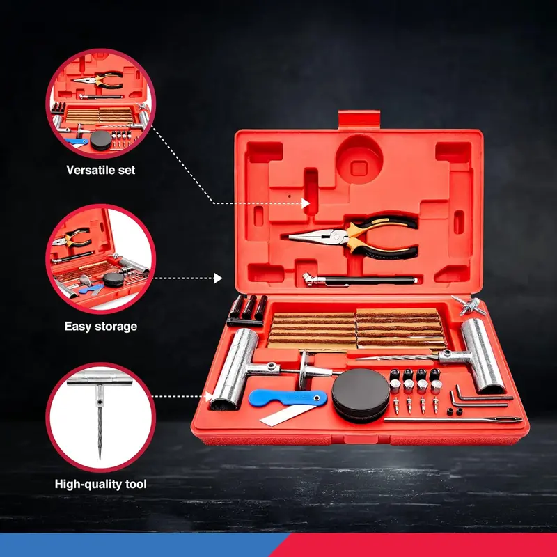 77-Piece Heavy Duty Tire Plug Repair Kit with Iron & PE Car Tools, Flexible Easy-to-Use Flat Tire Puncture Fixer for Car, ATV