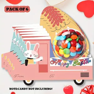 6pack Bunny Easter Egg Greeting Card with Ball Dome Holder Die Cut, 8inch Size Easter Gift Greeting Cards, Fun Party Cards, 9cm Plastic Blisters Cake Domes Candy Holder, Bunny Drive Cars Egg Candy Theme For Easter Gift Packing & DIY Crafts, Chocolate