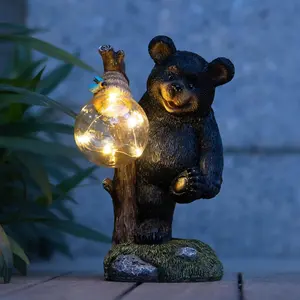 Outdoor Bear Decor for Yard, Resin Figurine Lights, Black and Brown Animal Statue, Funny Figurine Decor for Outside Garden Statue with Solar Lights,