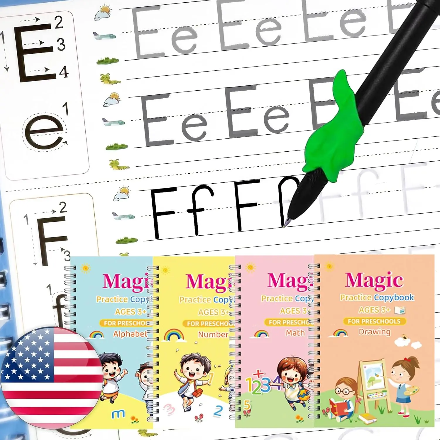 Magic Grooved Writing Practice - 4 English Trace Trek Workbooks for  3-5,  Tracing Practice Book,  Handwriting Without Tears, 4-Theme Copybooks Disappearing Pen (Pack of 4, Small)