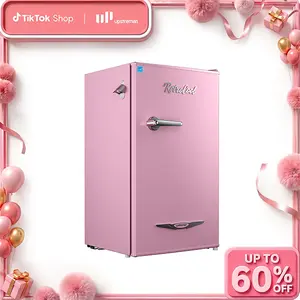 Upstreman mini fridge Retro BR321 PRO 3.2 Cu.Ft with Bottle Opener Energy Saving Adjustable Thermostat Metal Handle LED Lamp Small Refrigerator for Bedroom Office Dorm Pink