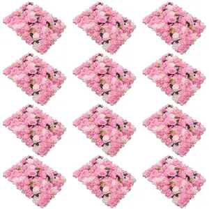 12 Pcs 23.62x15.74 inch Pink Silk Artificial Flower Wall Pink Faux Rose Wall Dahlia Wall 3D Lifelike Flower Wall Fake Flowers Wall Backdrop