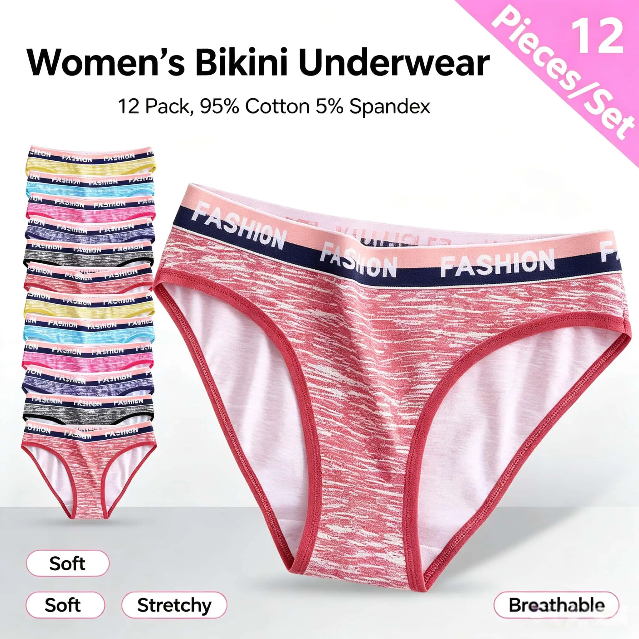 12-pack women’s color-striped triangle panties with contrasting lace waistband, soft and breathable, multicolor mixed pack, close-fitting underwear