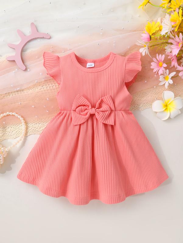 3-Piece Cute Fashionable Casual Comfortable Baby Girl Bow Decoration Floral Print Solid Color Ribbed Ruffle Edge Dress Gift Set Perfect for Summer Daily Outings Vacations and Parties