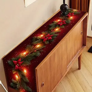 Christmas Theme Pine Branch Print Table Runner, Poinsettia and Warm Fairy Light, Home Decor, Festive Dining
