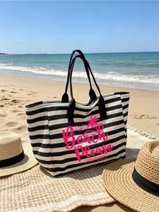 Large Black & White Striped Beach Tote Coconut & letter printed, foldable waterproof canvas bag, Spacious, sand-resistant for beach, shopping and daily use, Great for Mother's Day and Easter, Casual Trendy, Versatile Bag