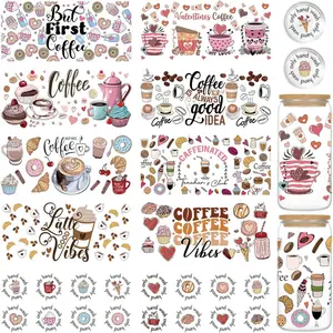 Coffee UV DTF Cup Wraps - 10 Sheets for 16 oz Glass Cups, Cake Drink Milk Tea Ice Cream UV Rub Transfer Stickers, Personalized Waterproof Water Bottle Decals