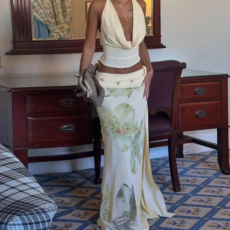 Cowl Neck Backless Crop Top & Floral Print Maxi Skirt Two Piece Set Thigh High Slit Tie Slim Bodycon Holiday Beach Vacation Party Night Dating Outfits Sheer Skirt Suit