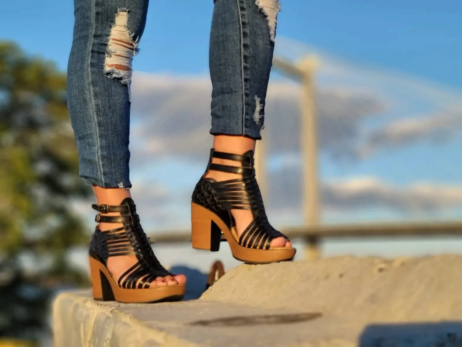 Handmade Leather Huarache Wedges: Ankle Strap Mexican Heels/Emerita