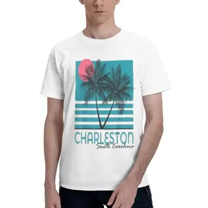 South Carolina, Retro 80S 90S Summer Style, Palm Tree Silhouette, Pink Sunset, Teal And White Stripes, Vintage Coastal Vacation Graphic, Minimalist Retro Illustration, Beach T-Shirt Design Menswear Man Tshirt